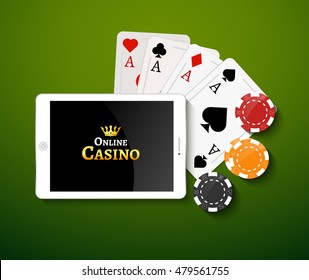 Online casino design poster banner. Tablet with poker chips and cards on table. Casino gambling background, poker mobile app.