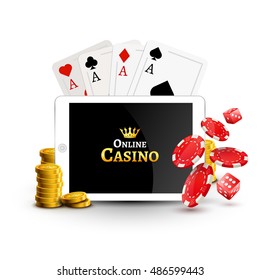 Online casino design poster banner. Tablet with poker chips, coins and cards on table. Casino gambling background, poker mobile app.