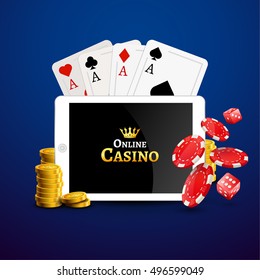 Online casino design poster banner. Tablet with poker chips, coins and cards on table. Casino gambling background, poker mobile app.