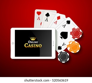 Online casino design poster banner. Tablet with poker chips and cards on table. Casino gambling background, poker mobile app