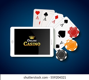 Online casino design poster banner. Tablet with poker chips and cards on table. Casino gambling background, poker mobile app.