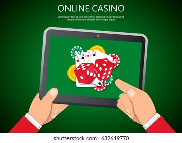 Online casino design poster banner. Tablet with poker chips and cards on table. Casino gambling background, poker mobile app. Vector EPS10