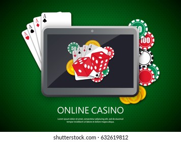 Online casino design poster banner. Tablet with poker chips and cards on table. Casino gambling background, poker mobile app. Vector EPS10