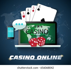 Online casino design poster banner. Tablet with poker chips and cards on table. Casino gambling background, poker mobile app. Vector EPS10