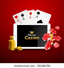 Online casino design poster banner. Tablet with poker chips, coins and cards on table. Casino gambling background, poker mobile app.