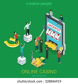 Online casino flat 3d isometric luck success gambling concept. Micro people and huge smart phone tablet device spin the wheel jackpot coin cube. Creative people collection