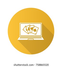 Online casino flat design long shadow glyph icon. Laptop display with four aces. Vector silhouette illustration