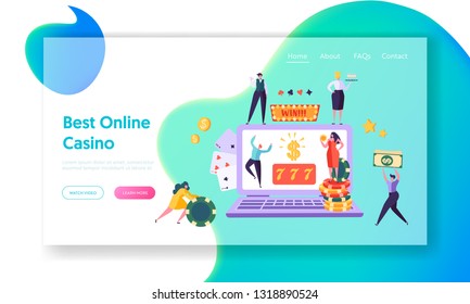 Online Casino Gambling Concept Landing Page. Happy Male Character Win Jackpot 777. People Play European Roulette. Hold Money Sign Website or Web Page. Flat Cartoon Vector Illustration