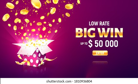 Online casino gambling game vector illustration advertising. Open textured gift box with coins explosion out on the purple background.