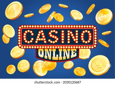 Online casino gambling poster. Money coins winner success concept. Slot machine game prize. Golden signboard with flying dollar coins wins jackpot. Big win. Luck game banner for poker or roulette