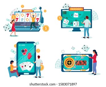 Online casino gambling set, vector illustration isolated on white background. People playing internet slot machine game, poker roulette blackjack from smartphone, tablet, laptop and desktop computers.