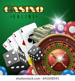 Online casino gambling vector background with roulette, dice and poker cards