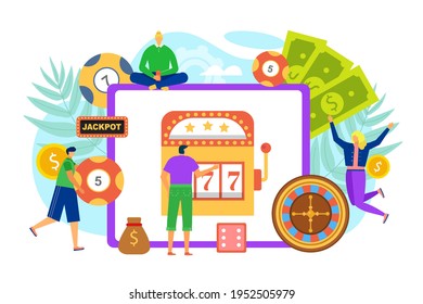 Online casino, gambling, vector illustration. Man woman people charcater play in jackpot design, cartoon bet in internet concept. Graphic fortune