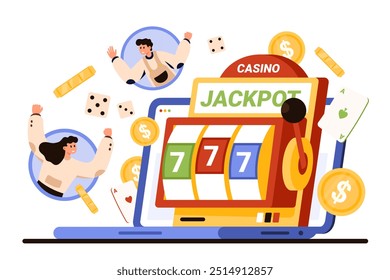 Online casino game, jackpot 777 in slot machine. Tiny people celebrate lucky sevens on laptop screen, gambling dices and poker cards and chips to win money gold coins cartoon vector illustration