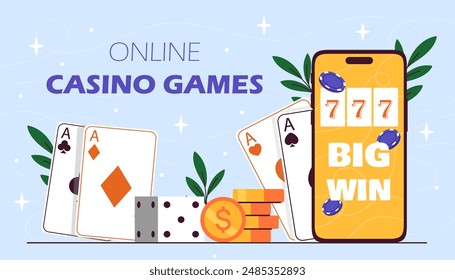 Online casino games banner. Playing cards and gold coins with dice near smartphone screen. Gambling, games for luck and fortune. Landing webpage design. Flat vector illustration