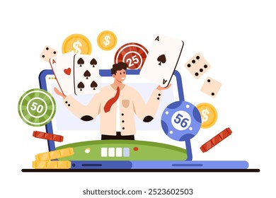 Jogos de cassino online, dados de jogo, fichas de jogo de roleta e ofertas de cartas de jogo. Negociante de blackjack minúsculo na tela do laptop segurando cartões de poker para jogar com fortuna e ganhar ilustração de vetor de desenhos animados