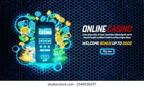 Anuncio brillante del casino en línea con el móvil, la máquina tragamonedas, las tarjetas, las fichas voladoras del póker, el bitcoin de neón y la atadura. Concepto de un cripto casino basado en un fondo futurista azul oscuro de hexágonos. Vector