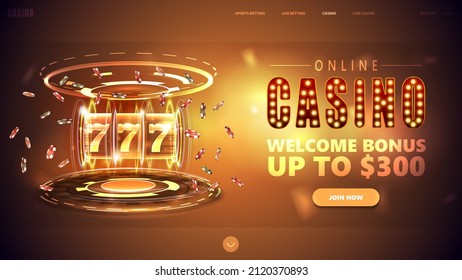 Online casino, gold banner with button, welcome bonus, neon Casino slot machine with jackpot, poker chips and hologram of digital rings in gold scene