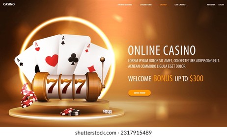 Online casino, gold banner with offer, casino slot machine and playing cards on gold podium with neon ring