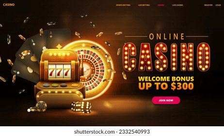 Online casino, gold banner for website with interface elements, title with gold lamp bulbs, gold casino slot machine with black playing cards, neon gold roulette, dice and chips