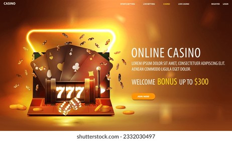 Online casino, gold web banner with laptop, neon slot machine, black playing cards, dice and poker chips on background with neon triangle