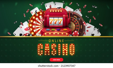Online casino, green banner with button, slot machine, Casino Wheel Fortune, Roulette, falling poker chips and playing cards.