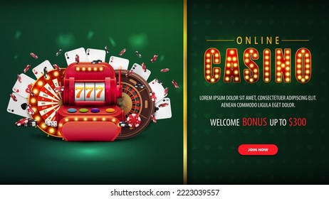 Online casino, green horizontal banner with button, offer, slot machine, Casino Wheel Fortune, Roulette, falling poker chips and playing cards.