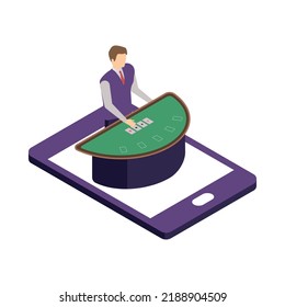 Online casino icon with croupier and table for poker on smartphone screen 3d isometric vector illustration