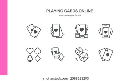 Online Casino Icons. Set of 8 minimal linear icons featuring playing cards, mobile gambling, poker chips, and dice. Perfect for online betting and gaming designs. Vector illustration.