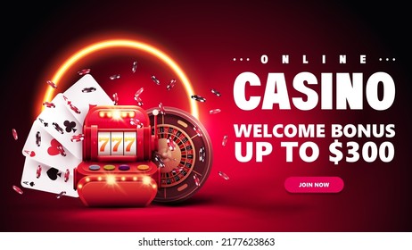 Online casino, invitation banner for website with button, slot machine, Casino Roulette, poker chips and playing cards in red scene with yellow neon ring on background.