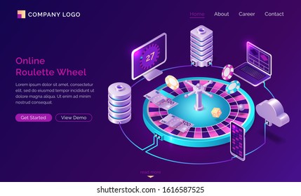 Online casino isometric landing page, money bills and chips lying on roulette wheel surrounded with gadgets, computers and servers via cloud system and internet. Gambling games 3d vector web banner