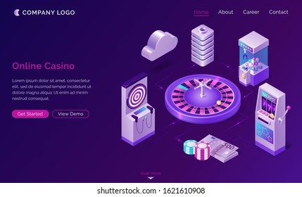 Online casino isometric landing page, roulette wheel surrounded with sloth machines, one-armed bandit, money and chips. internet gambling games cloud system service, industry, 3d vector web banner