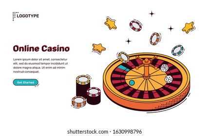 Online casino isometric landing page, rotating roulette wheel with dice, chips and stars, internet gambling games service, recreation internet business leisure industry, 3d vector line art web banner