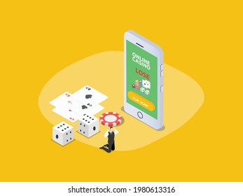 Online Casino isometric vector concept. Stress man lose on playing online casino with mobile phone app