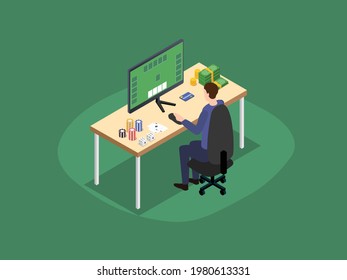Online Casino isometric vector concept. Man playing card online on the computer with stack of casino chip and money on the table