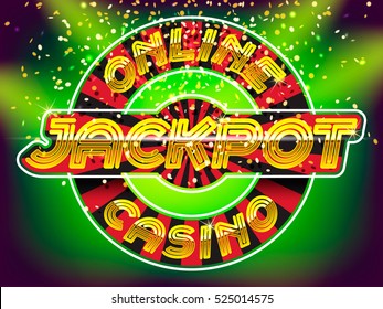 Online casino jackpot lettering. Gold letters on the roulette, gold money fall and lightspot background