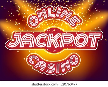 Online Casino Jackpot Lettering. Neon Light Alphabet Vector Font. Neon Tube Letters On The Gold Money Fall And Lightspot Background