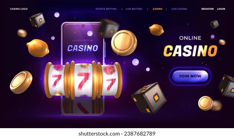 Online casino landing page. Banner with jackpot slot machine, neon smartphone and flying golden coins on dark background. Lucky fortune, slots game with prize icons. Gambling website template.