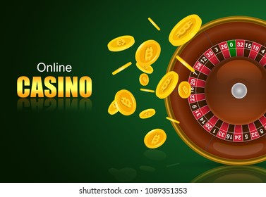 Online casino lettering, roulette and flying golden coins. Casino business advertising design. For posters, banners, leaflets and brochures.