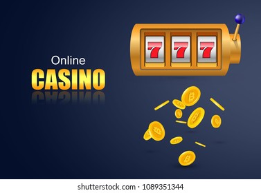 Online casino lettering, slot machine and flying golden coins. Casino business advertising design. For posters, banners, leaflets and brochures.