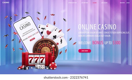 Online-Casino, helles Web-Banner mit Smartphone, Casino-Spielautomat, Roulette-Rad, Poker-Chips und Spielkarten auf dem Hintergrund mit Vorhang