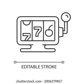Online casino linear icon. Website which allows gambling activities. Money earning posibility. Thin line customizable illustration. Contour symbol. Vector isolated outline drawing. Editable stroke