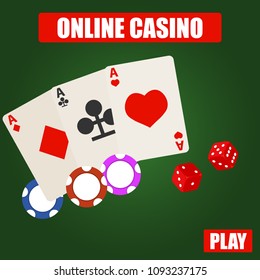 Online casino, the logo of the online casino with cards, chips and dice. Flat design, vector illustration, vector.