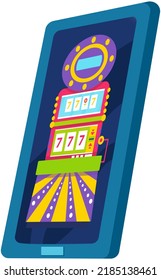 Online casino marketing concept, tap to play button. Mobile phone with screenshot of slots logo with slot machines, bonuses, free spins. Now on your mobile device. Referral marketing, gambling app