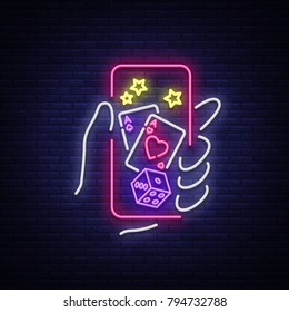 Online casino is a neon sign. Logo symbol in neon style svityaschyysya bright banner billboard night, bright neon poker, gambling casino for your projects. Play money online. Vector illustration