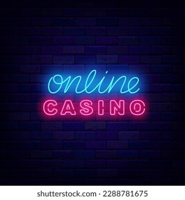 Online casino neon sign on brick wall. Poker club shiny inscription. Jackpot and bingo. Night club label. Editable stroke. Vector stock illustration