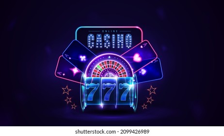 Online casino, neon sign with pink shine neon Casino Roulette wheel, playing cards and blue neon shine slot machine
