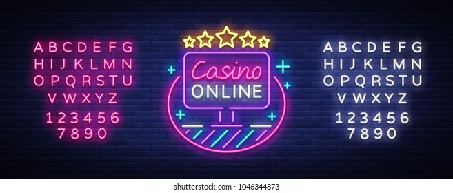 Online Casino neon sign vector. Logo in neon style, gambling symbol, light banner, bright neon night advertising for casino, gambling. Design template. Editing text neon sign