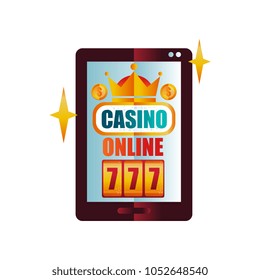 Online casino on digital tablet screen. Slot machine with lucky symbol 777. Golden crown and coins. Game for money. Colorful vector design