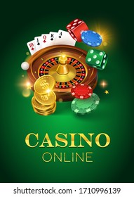 Online casino on a green background. Dice, gold coins, cards, roulette and chips. Vector illustration of a vertical format.